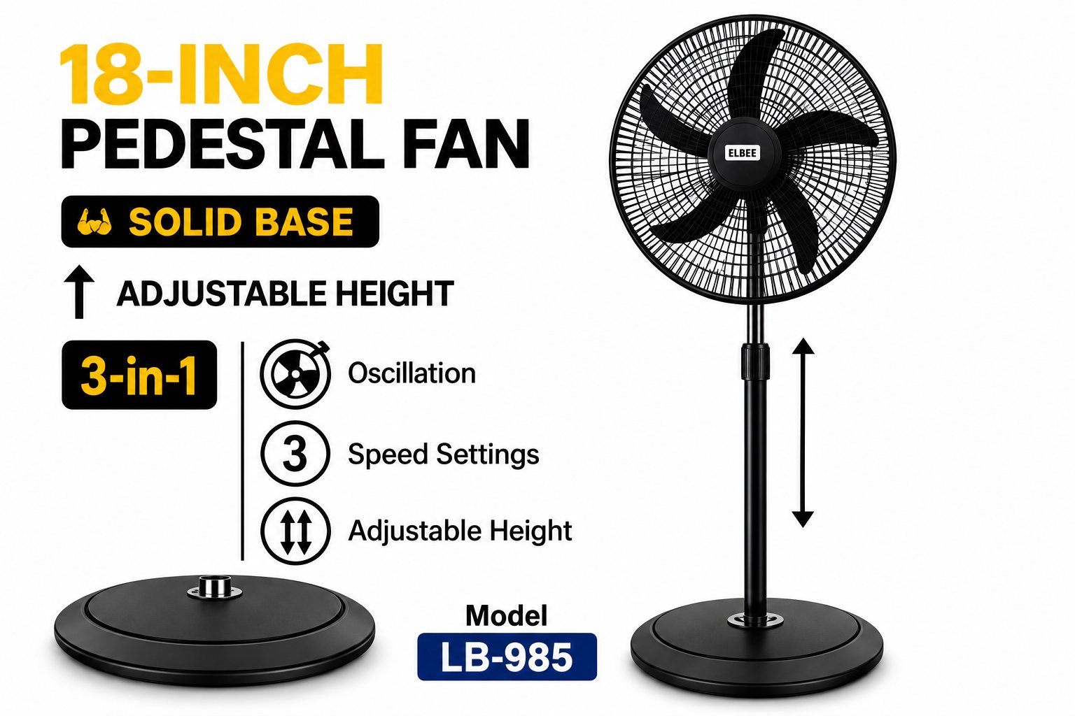 Elbee LB-985 18-Inch 5-Blade Pedestal Fan – Black - Image 2