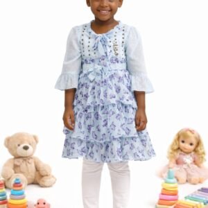 Girls Butterfly Print Ruffle Dress & Leggings Set - 4699