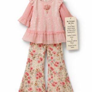 Girls Embroidered Shirt & Floral Printed Pants Set - 4674