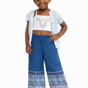 Girls Embroidered Summer Top & Wide-Leg Pants Set - 4688