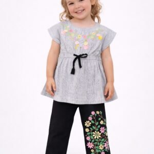 Girls Floral Grey Top & Black Printed Pants Set - 1003