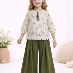 Girls Floral Ivory Top & Wide-Leg Pants Set - 1405