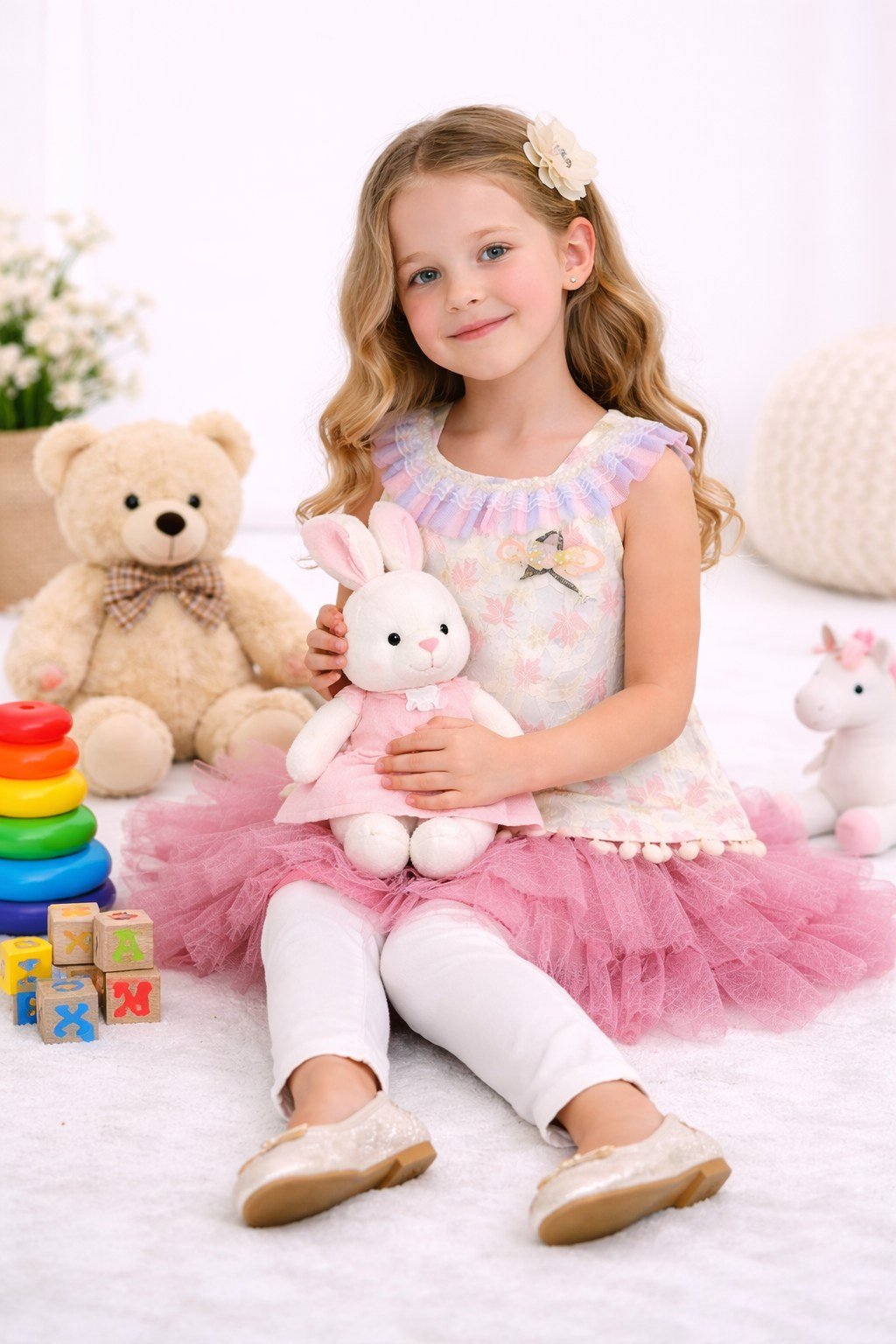 Girls Ivory Lace Dress, Pink Bolero & White Leggings Set - 1409