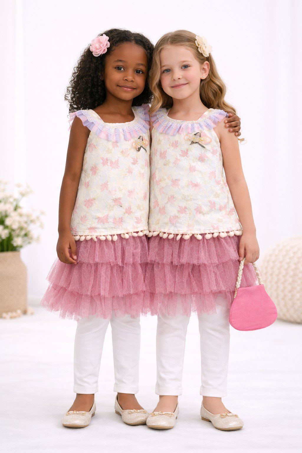 Girls Ivory Lace Dress, Pink Bolero & White Leggings Set - 1409 - Image 2