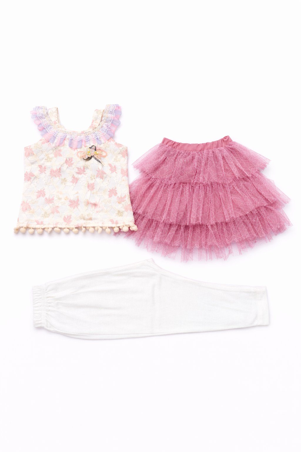 Girls Ivory Lace Dress, Pink Bolero & White Leggings Set - 1409 - Image 3