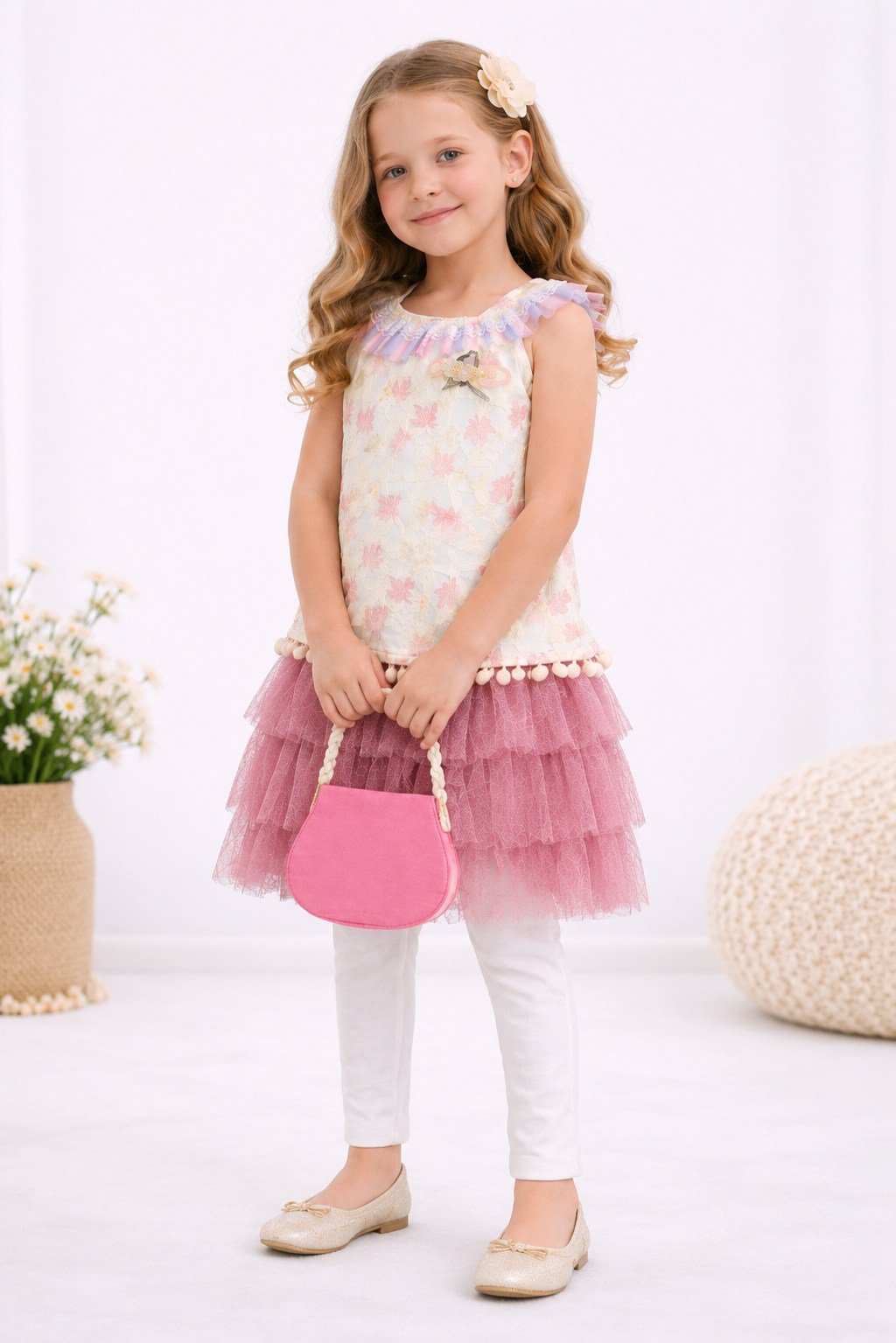 Girls Ivory Lace Dress, Pink Bolero & White Leggings Set - 1409 - Image 7