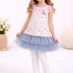 Girls Ivory Top, Blue Tulle Skirt & White Leggings Set - 1409