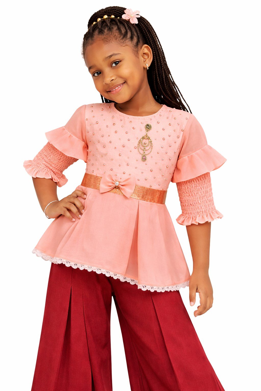 Girls Ruched Top & Wide-Leg Pants Set - 465960