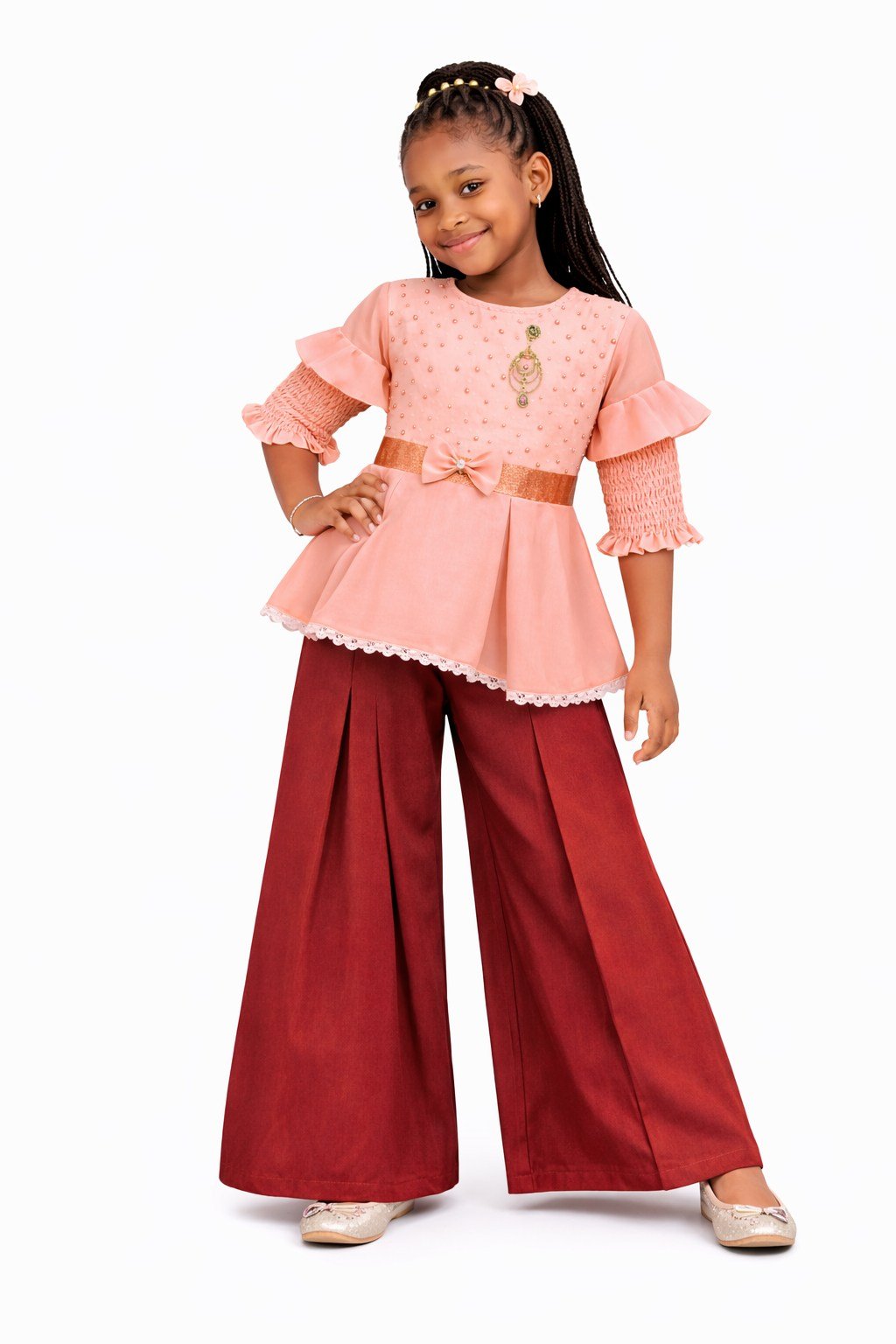 Girls Ruched Top & Wide-Leg Pants Set - 465960 - Image 2