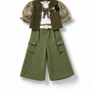 Girls Velvet Jacket & Olive Cargo Pants Set - 4724