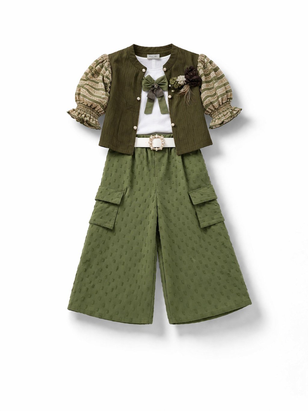 Girls Velvet Jacket & Olive Cargo Pants Set - 4724