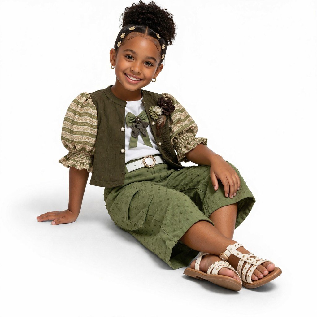 Girls Velvet Jacket & Olive Cargo Pants Set - 4724 - Image 2