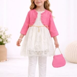 Girls Ivory Lace Dress, Pink Bolero & White Leggings Set - 4710