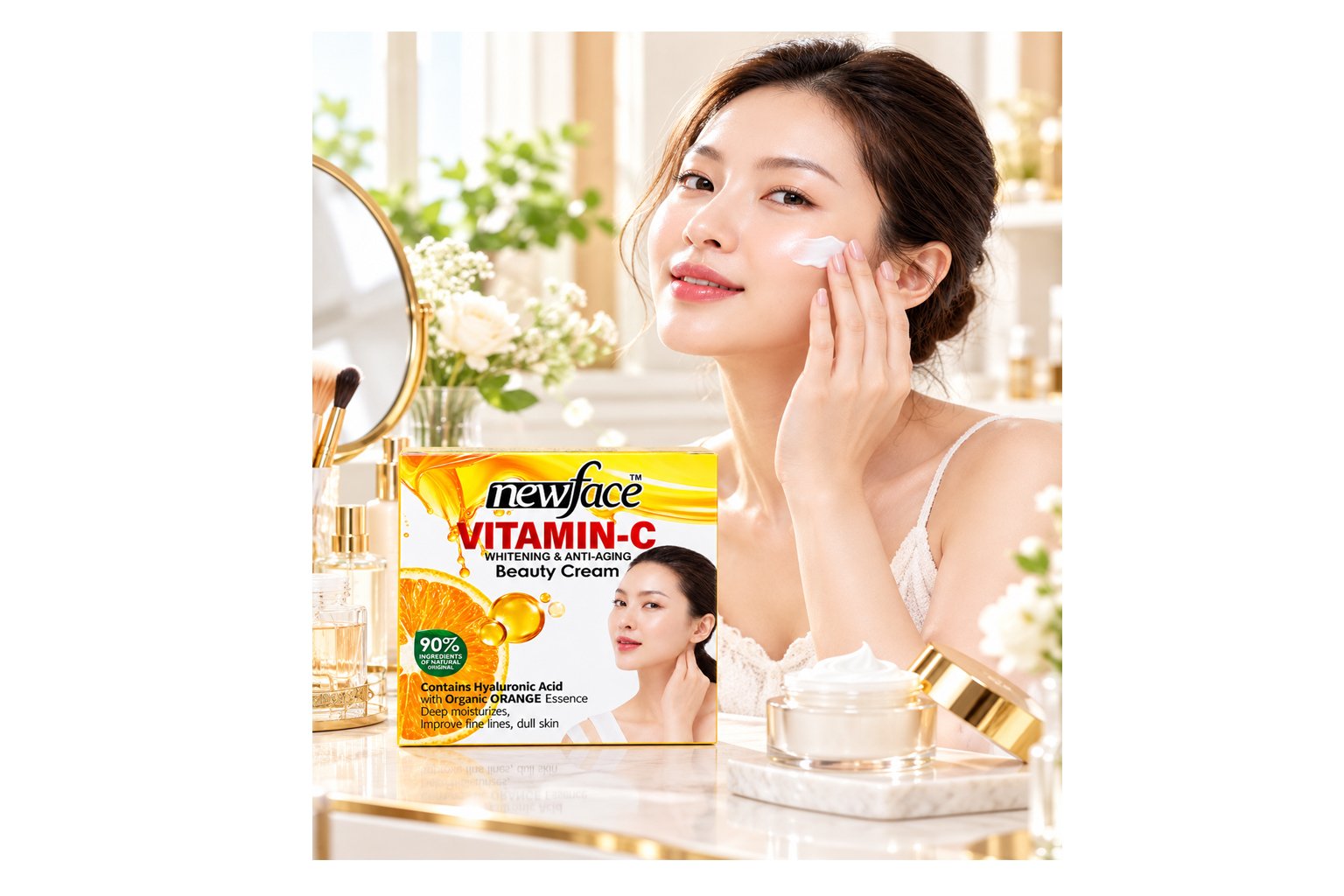 NewFace Vitamin C Brightening & Anti-Aging Beauty Cream – Hyaluronic Acid & Organic Orange Essence – Hydrating Facial Care - Image 3