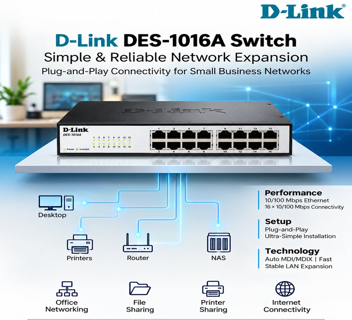 D-Link 16 Ports 10/100 DES-1016A Switch product detail