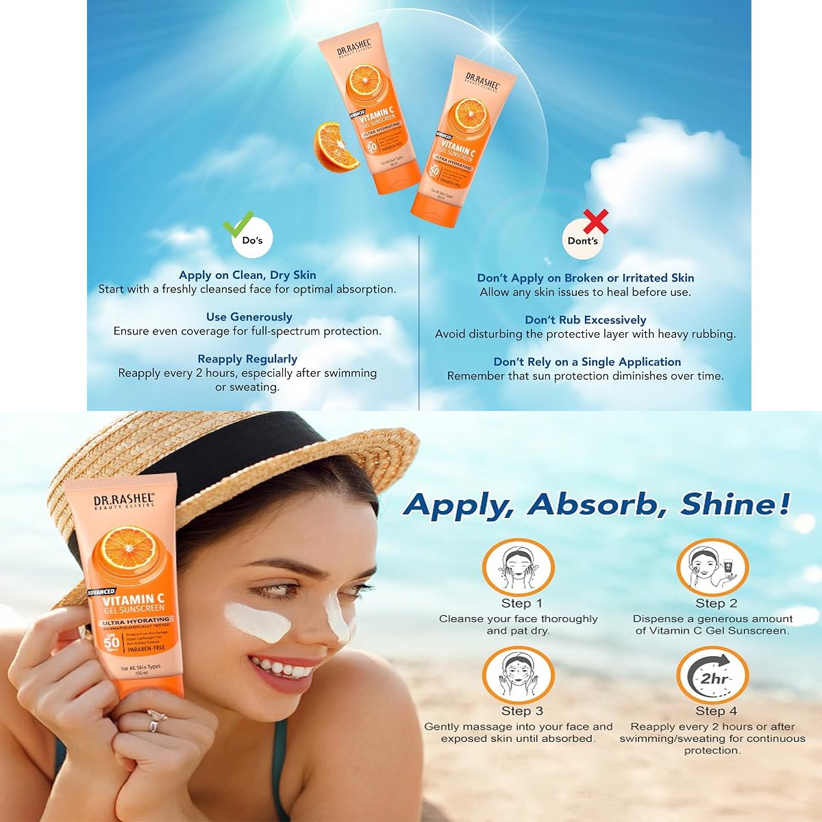 Dr. Rashel Vitamin C Sunscreen SPF 50 — packaging and product details